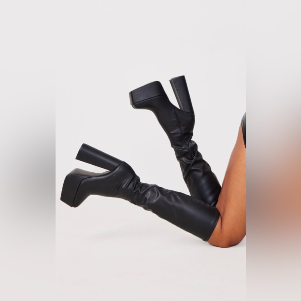 Black Matte Square Toe Platform High Block Heeled Knee
Boots